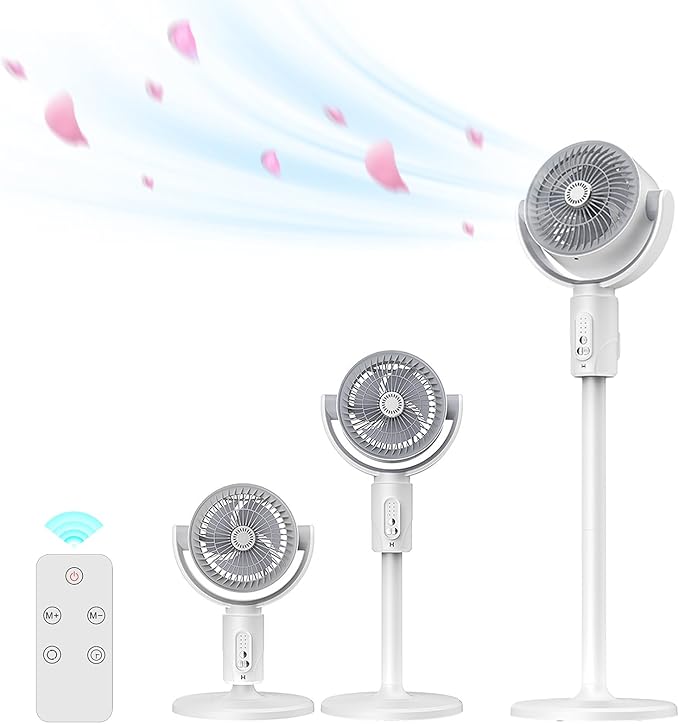 Standing Fan for Home, Air Circulator Fan, 5 Speeds, With Remote Control, Height Adjustable (820mm/600mm/380mm), 8 Timer, White