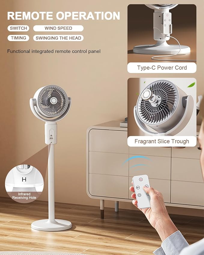 Standing Fan for Home, Air Circulator Fan, 5 Speeds, With Remote Control, Height Adjustable (820mm/600mm/380mm), 8 Timer, White